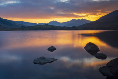 Scenic view of lake against sky during sunset