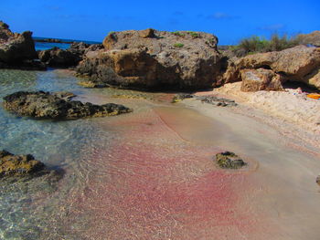 Scenic view of beach against clear blue sky