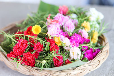 Close-up of flowering plants in basket on table