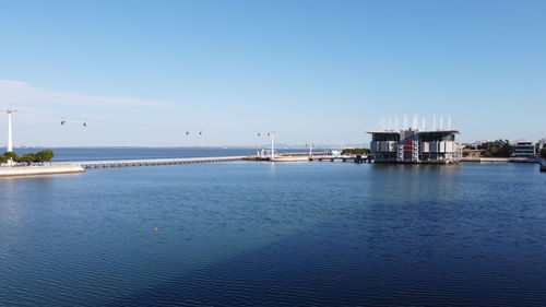 Scenic view of sea against clear blue sky
