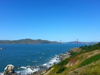 View of sea against clear blue sky