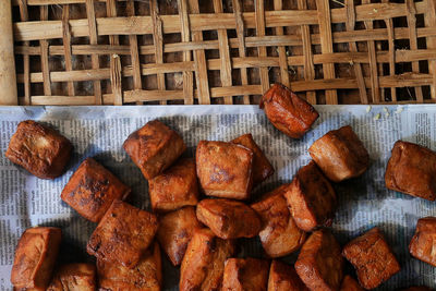 High angle view of bread in basket on table