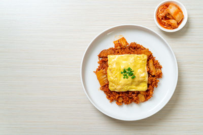 High angle view of food in plate on table