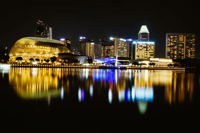 Reflection of illuminated buildings in water at night