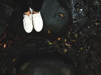 Low section of woman wearing white shoes on rock