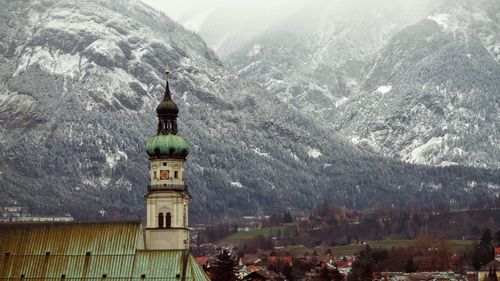 Panoramic view of cathedral against sky during winter