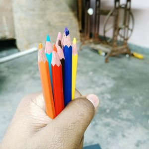 Cropped hand of person holding multi colored pencils