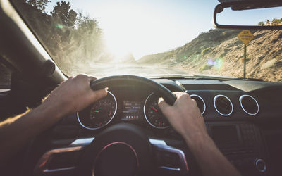 Cropped image of man driving car against sky