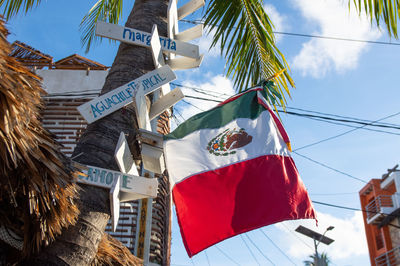 Mexican flag handing in natural background of blue sky and green palms