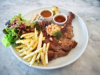 High angle view of food in plate on table