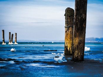 Wooden posts on beach against sky