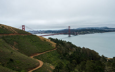 Suspension bridge over sea against sky