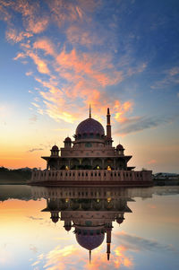 Reflection of temple in river during sunset