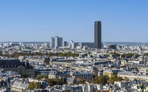 Panoramic aerial view of paris from the tower of the cathedral of notre dame with skyscrapers