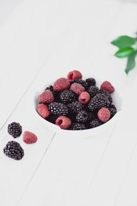 High angle view of strawberries on table against white background