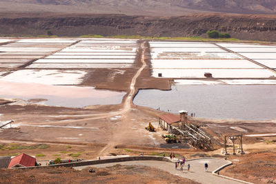 High angle view of land against mountain