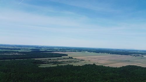 High angle view of field against sky