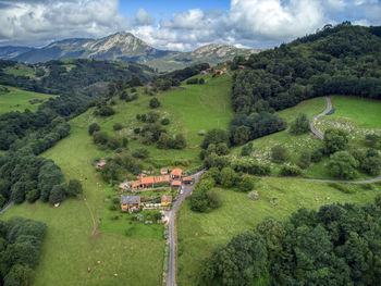 Aerial view of rural tourism house in llanes, asturias