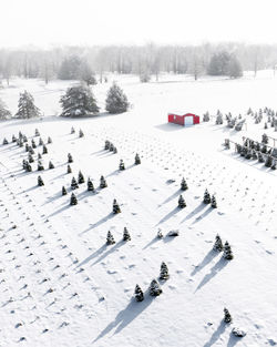 High angle view of snow covered land