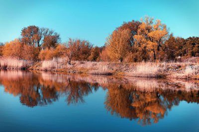 Reflection of trees in lake against sky during autumn