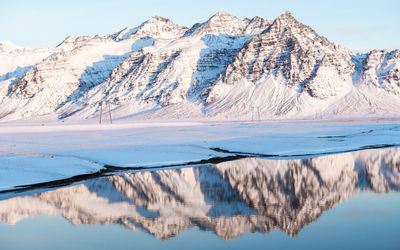 Panoramic view of frozen lake against sky