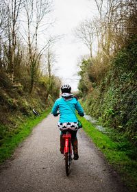 Rear view of man riding bicycle on road