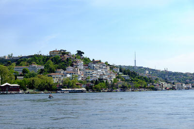 Buildings by sea against sky in city