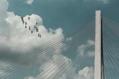 Low angle view of suspension bridge against cloudy sky