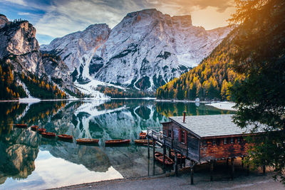 Scenic view of lake by snowcapped mountains against sky