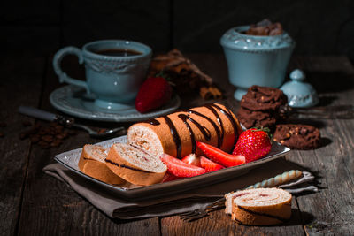 High angle view of breakfast served on table