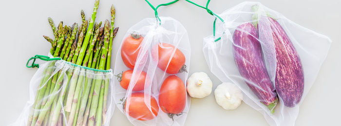 High angle view of fresh vegetables on white background