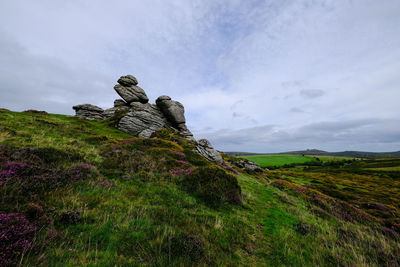 View of rocks on field against sky