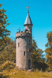 Low angle view of old building against clear blue sky