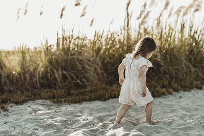 Behind view of young toddler girl walking at sandy beach during sunset