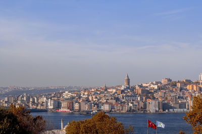 City buildings by sea against sky