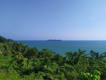Scenic view of sea against clear blue sky