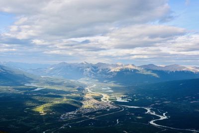 Aerial view of landscape and mountains against sky