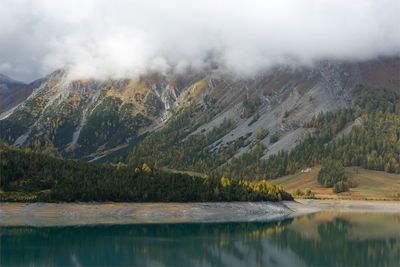 Scenic view of lake and mountains against sky