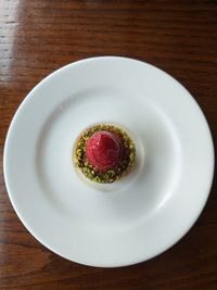 High angle view of fruits in plate on table