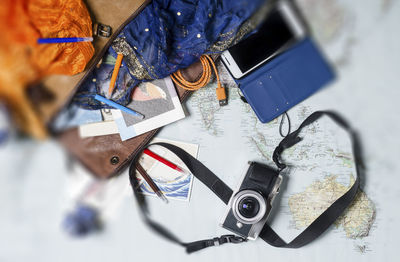 High angle view of worker working on table