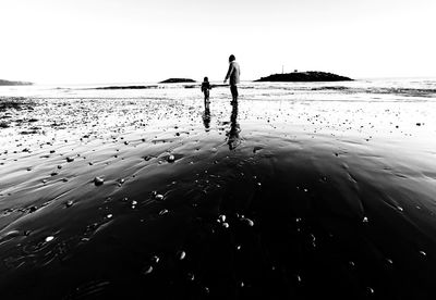 Silhouette people standing on beach against sky