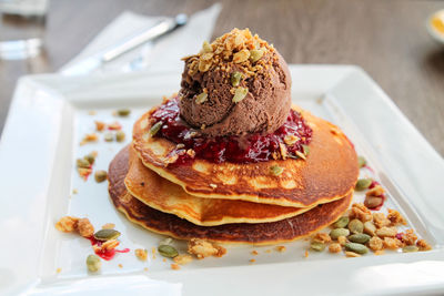 Close-up of pancake in plate on table