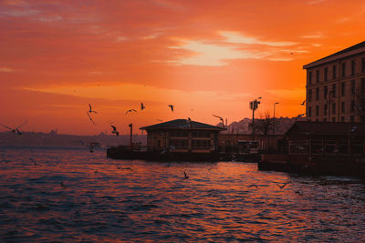 Scenic view of sea against orange sky