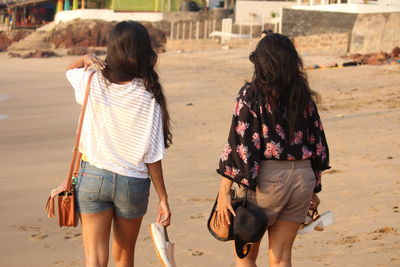 Rear view of friends walking at beach