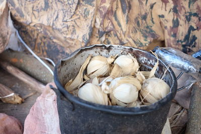 High angle view of eggs in container