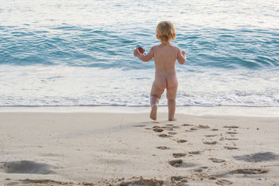 Rear view of boy on beach