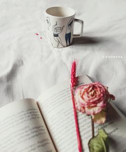 High angle view of coffee cup on table