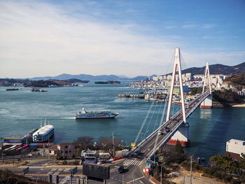 High angle view of sailboats in bay