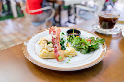 Close-up of food served on table