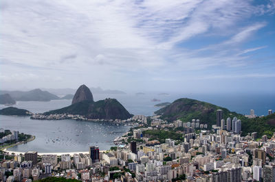 Aerial view of city against cloudy sky